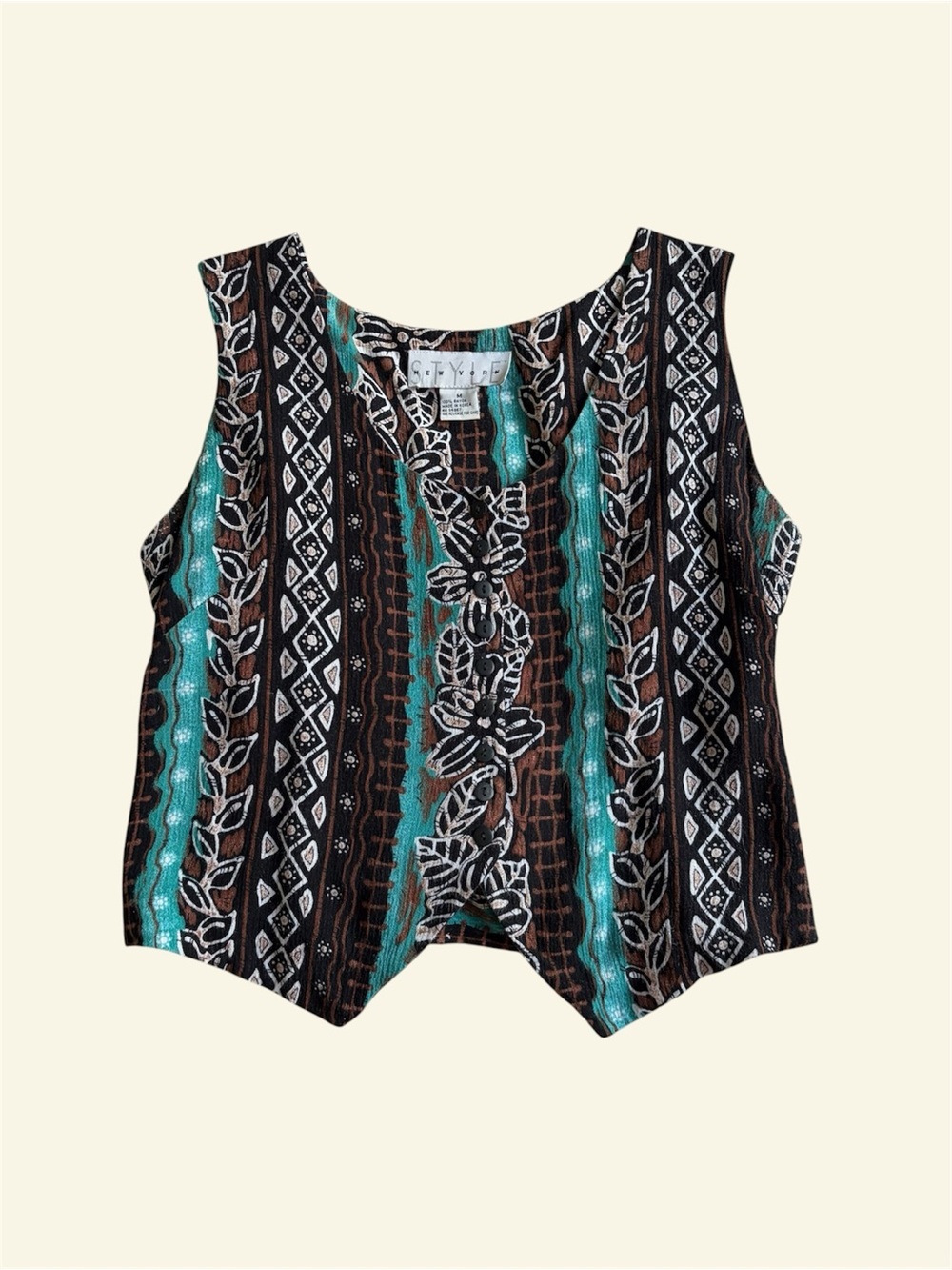Vintage Style New York Tribal Floral Print Rayon Button Front Tie Back Vest M